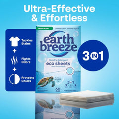 Earth Breeze Fresh Scent Laundry Detergent & Lavender Dryer Sheets Bundle – 3PK Laundry (180 Loads) + 2PK Dryer Sheets (240 Loads) – Made in USA, Hypoallergenic